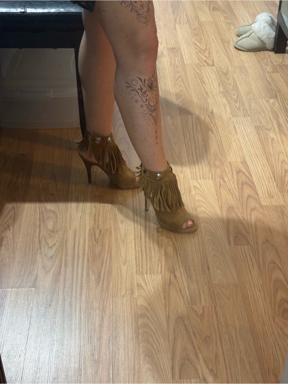 GUESS Fringe Peep-Toe High Heel Ankle Boots - Brown